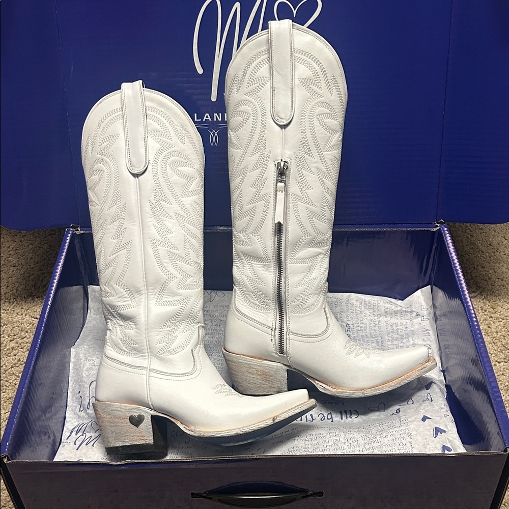 White Embroidered Heeled Boots